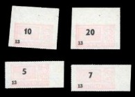 Militärgeld 1964/69 (perf. Kupons aus Markenheftchen ca. 40 x 20 mm)
 Lot 4 Stück 5, 7, 10, 20 Udr. rosa, KN 12 zus. 1) ohne Währungsangabe, eingedru...