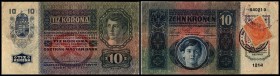 Finanzministerium
 10 Kronen 1915(1919) P-1/6b (Ri-A1/A7) Kombination Aufdruck/Klmk Provisorische Ausgaben des neuen Staates Kronen-Ausgabe III//V