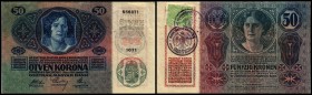 Finanzministerium
 50 Kronen 1914(1919) P-3/8b (Ri-A3/A10) Kombination Aufdruck/Klebemarke Provisorische Ausgaben des neuen Staates Kronen-Ausgabe II...
