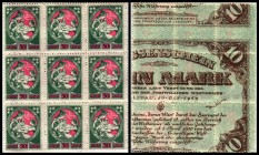 Notgeld (LE = Katalog Grabowski/Huschka/Schamberg 2006)
 9x50 Kop. Briefmarken (Frau mit Kindern) auf Teile von 10 Mk Mitau - Freiwillige Westarmee (...