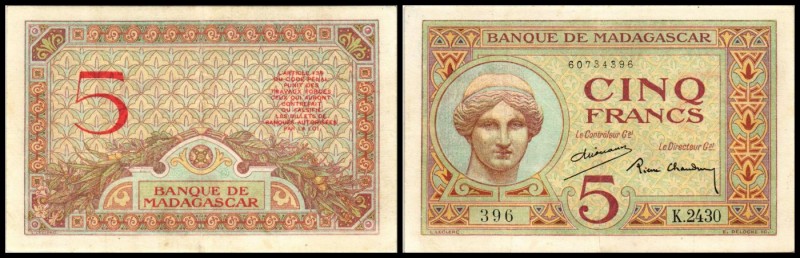 Banque de Madagascar
 5 Francs o.D.(1937/47, Sign.2) P-35b l. fleckig II-