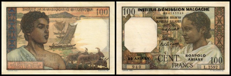 Malagasy - Institut d`Emission (Francs/Ariary)
 100 Francs/20 Ariary o.D.(1961)...