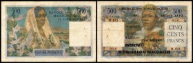 Malagasy - Institut d`Emission (Francs/Ariary)
 500 Francs/100 Ariary o.D.(1961) Aufdruck auf 47b(6.5.1958) P-53, fleckig, Heftl. III/IV