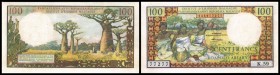 Malagasy - Institut d`Emission (Francs/Ariary)
 100 Francs/20 Ariary o.D.(1966, Sign.6 - selten) P-57a, min. fleckig, 2 Heftl. I-