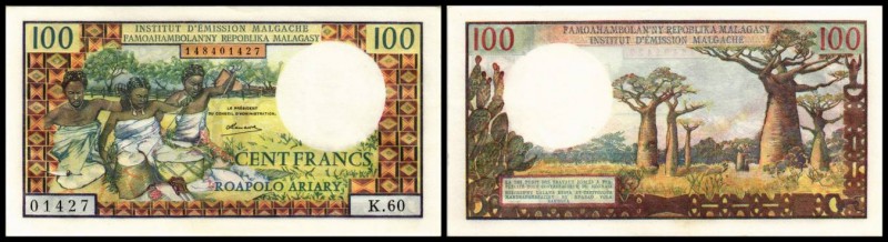 Malagasy - Institut d`Emission (Francs/Ariary)
 100 Francs (1966) Sign.6 (selte...