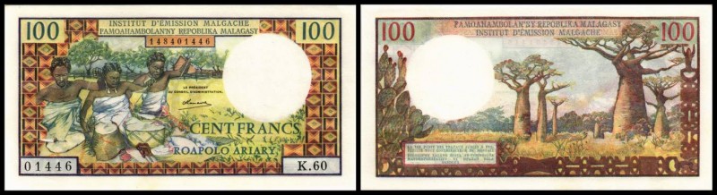 Malagasy - Institut d`Emission (Francs/Ariary)
 Lot 2 Stück, 100 Francs (1966) ...