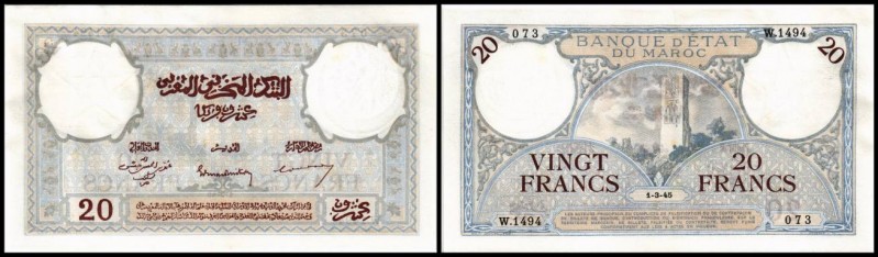 Banque d` Etat du Maroc
 20 Francs 1.3.1945 (letztes Datum) Serie W.1494, leich...