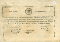 Tesorias de la Nation
 2 Pesos 5.5.1823 (Rs 1820/21 – Datum fehlt im Katalog), cut cancelled, P-5b (gedruckt auf die Rückseite von Papstbulletins) II...