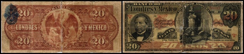 Banco Londres y Mexico
 20 Pesos 189x Morelia, Ser.B, Dat.u.Stpl. schlecht lesb...