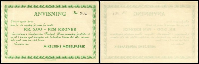 Notgeld nach Katalog Pick/Siemsen
 5 Kronen (1940) P/Si-90 Sandnes – Mikelsens ...