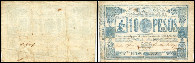 Republik – Tesoro Nacional
 10 Pesos o.D.(1865) P-26 Wz, einzeilig + gr.Oval mi...