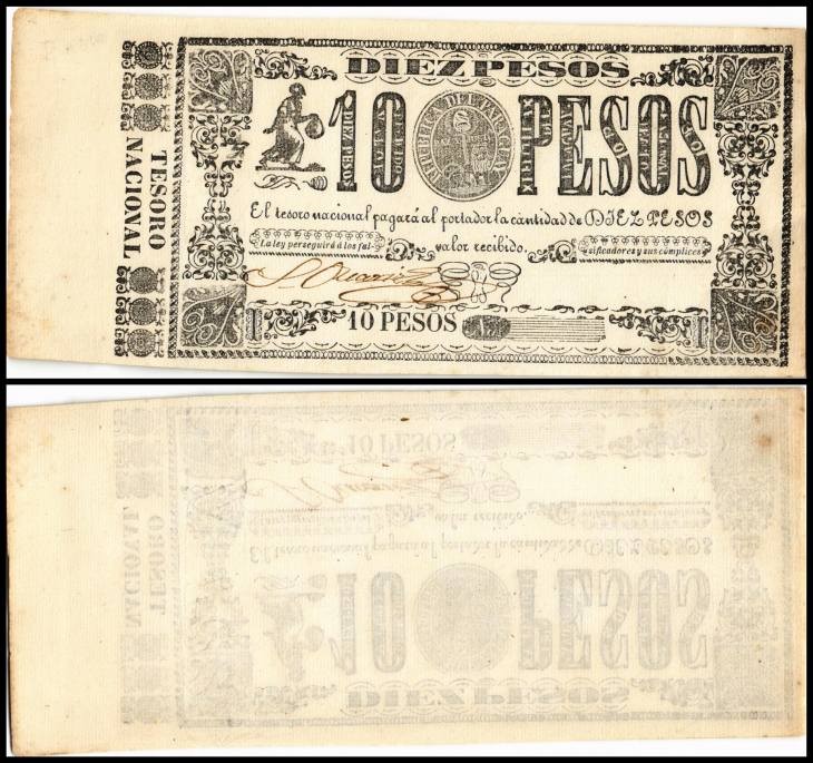 Republik – Tesoro Nacional
 10 Pesos (1865-70) Wz Schrift, nur 1 Sigatur, ohne ...