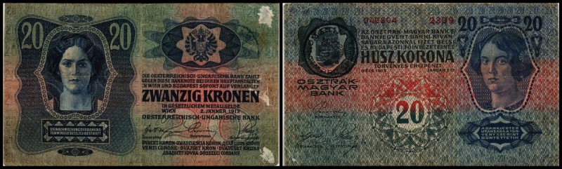 Abstempelung von österr.-ung. Kronenbanknoten (1919)
 20 K 1913, Ri-15, besch.,...