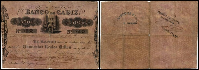 Specialized Issues
 500 Pesetas 15.2.1856(?) Faltbrüche, P-S283 Banco de Cadiz ...