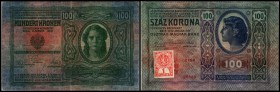 Republik / prov. Ausgabe Österr. Kronenbanknoten mit Klebemarken
 100 Kronen 1912(1919) Ri-A27a, P-4a (P=Pick Weltkatalog, Ri=Richter Spezialkatalog ...
