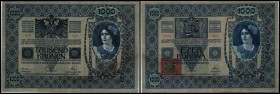 Republik / prov. Ausgabe Österr. Kronenbanknoten mit Klebemarken
 1000 Kronen 1902(1919) Ser.1209, KN 89504, Ri-A28a, P-5 (P=Pick Weltkatalog, Ri=Ric...