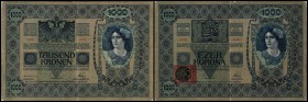 Republik / prov. Ausgabe Österr. Kronenbanknoten mit Klebemarken
 1000 Kronen 1902(1919) Ser.1079, KN 16721, Ri-A28a, P-5 (P=Pick Weltkatalog, Ri=Ric...