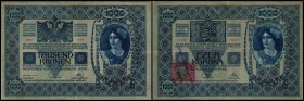 Republik / prov. Ausgabe Österr. Kronenbanknoten mit Klebemarken
 1000 Kronen 1902(1919) Ri-A28b1, Stpl. Falsch , zu P-5 (P=Pick Weltkatalog, Ri=Rich...