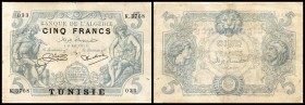 Banque de l’Algerie mit Aufdruck Tunesie
 5 Francs 15.5.1925 (Datum nicht im Katalog) Serie K, Faltenbrüche, fleckig, P-1 IV-