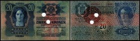 Ungarn – neuer Staat Abstempelung von Kronennoten / Rundstpl. „MAGYARORSZAG„
 20 Kronen 1913(1920) Ri-A31(P-20) 2x gelocht III