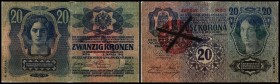 Ungarn – neuer Staat Abstempelung von Kronennoten / Rundstpl. „MAGYARORSZAG„
 20 Kronen 1913/II.(1920) Stpl. mit Andreaskreuz entwertet, Ri-A50b (P--...