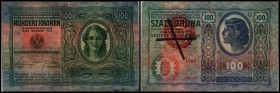 Ungarn – neuer Staat Abstempelung von Kronennoten / Rundstpl. „MAGYARORSZAG„
 100 Kronen 1912(1920) Stpl. mit Andreaskreuz entwertet, Ri-A52b (P---) ...