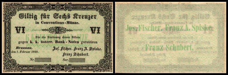 Braunau – Fischer/Spiske/Schubert
 Lot 3 Stück, 3,5,6 Kreuzer 1.2.1849, blanko ...