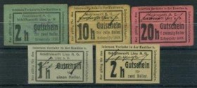 Linz, Oberösterreich, Stadt – Austria- & Schiffswerft
 Lot 5 Stück, 1,2x2,10,20 Heller 1916/o.D., Richter-79/I-II, Varianten I/III