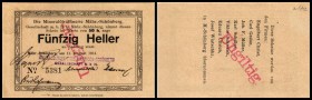 Mährisch Schönberg, Mähren - Mineralraffinerie
 Lot 5 Stück, 3x50h, 1,2 Kronen 1914, Varianten, 3x entwertet, Richter-88,1 I/I-