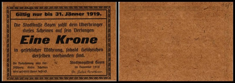 1 Krone Nov.1918-31.1.1919, Prägestempel unten Mitte, rare, zu Richter-127/Ibb1 ...