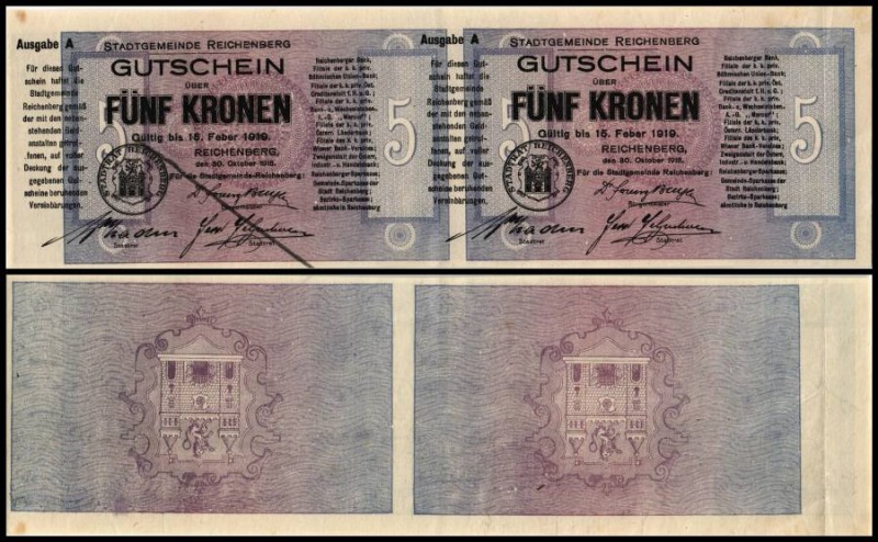 2x5 Kronen 1918/19, Vs Druck seitlich verschoben, zu Richter-88a Reichenberg, Bö...