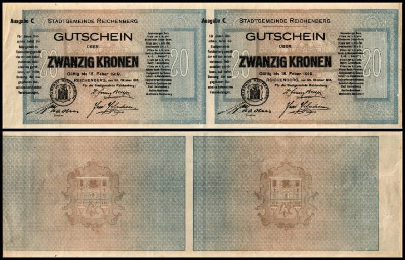 2x20 Kronen 1918/19, Vs Druck seitlich verschoben, zu Richter-88c Reichenberg, B...