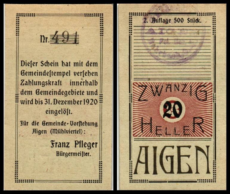 Aigen
 2. Auflage, 500 Stück, KR, grün, Gstpl. 20,30,50 Heller I