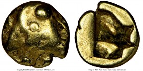 MYSIA. Cyzicus. Ca. 600-550 BC. EL 1/48 stater (6mm, 0.42 gm). NGC Choice Fine 4/5 - 4/5. Head of tunny right; surrounded by pellets / Rough quadripar...