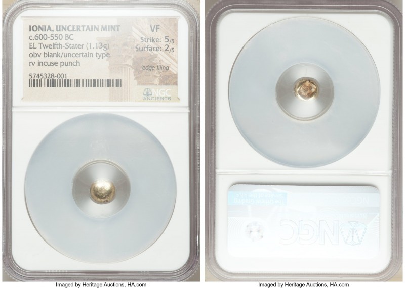 IONIA. Uncertain mint. Ca. 600-550 BC. EL 1/12 stater or hemihecte (7mm, 1.13 gm...