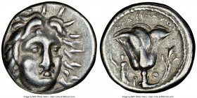 CARIAN ISLANDS. Rhodes. Ca. 250-230 BC. AR didrachm (19mm, 1h). NGC VF. Mnasimaxus, magistrate. Radiate head of Helios facing, turned slightly right, ...