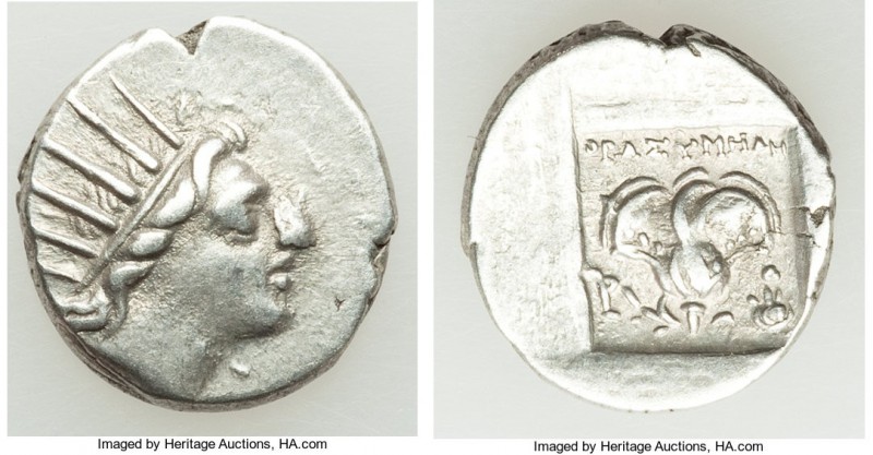 CARIAN ISLANDS. Rhodes. Ca. 88-84 BC. AR drachm (15mm, 2.65 gm, 11h). VF. Plinth...