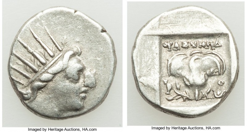 CARIAN ISLANDS. Rhodes. Ca. 88-84 BC. AR drachm (15mm, 2.46 gm, 12h). VF. Plinth...