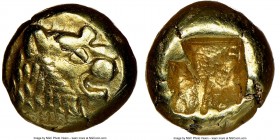 LYDIAN KINGDOM. Alyattes or Walwet (ca. 610-546 BC). EL 1/12 stater or hemihecte (7mm, 1.18 gm). NGC XF 4/5 - 4/5. Sardes mint. Head of roaring lion r...