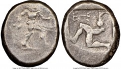 PAMPHYLIA. Aspendus. Ca. mid-5th century BC. AR stater (22mm, 12h). NGC Fine. Helmeted nude hoplite warrior advancing right, shield in left hand, spea...