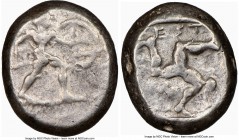 PAMPHYLIA. Aspendus. Ca. mid-5th century BC. AR stater (20mm, 7h). NGC Fine. Helmeted nude hoplite warrior advancing right, shield in left hand, spear...