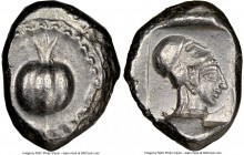 PAMPHYLIA. Side. Ca. 5th century BC. AR stater (21mm, 12h). NGC AU. Ca. 430-400 BC. Pomegranate; guilloche beaded border / Head of Athena right, weari...