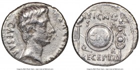 Augustus (27 BC-AD 14). AR denarius (18mm, 7h). NGC Choice Fine, bankers mark. Spanish mint, ca. 19 BC. CAESAR-AVGVSTVS, bare head of Augustus right; ...