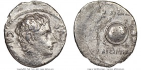 Augustus (27 BC-AD 14). AR denarius (18mm, 7h). NGC Fine. Spanish mint, ca. 19 BC. CAESAR-AVGVSTVS, bare head of Augustus right; dotted border / SIGNI...