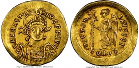 Anastasius I (AD 491-518). AV solidus (20mm, 4.44 gm, 7h). NGC AU 5/5 - 3/5, wavy flan. Constantinople, AD 498-518, 10th officina. D N ANASTA-SIVS PP ...