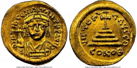Tiberius II Constantine (AD 578-582). AV solidus (21mm, 4.50 gm, 6h). NGC MS 5/5 - 4/5. Constantinople, 9th officina, AD 579-582. d m TIb CONS-TANT PP...