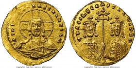 Basil II Bulgaroctonos (AD 976-1025), with Constantine VIII. AV histamenon nomisma (23mm, 4.38 gm, 6h). NGC AU 4/5 - 4/5. Constantinople, AD 989-1001....