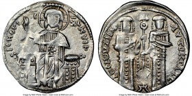 Andronicus II Palaeologus and Michael IX (AD 1294-1320). Anonymous Issue. AR basilicon (21mm, 6h). NGC XF. Constantinople, AD 1304-1320. KYIЄ-BOHΘЄI, ...