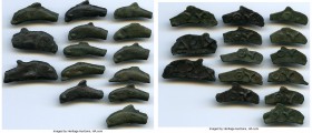 ANCIENT LOTS. Greek. Scythia. Olbia. Ca. 437-410 BC. Lot of fourteen (14) cast AE. XF. Includes: Dolphin left / ΘY on blank surface (12) / Dolphin rig...