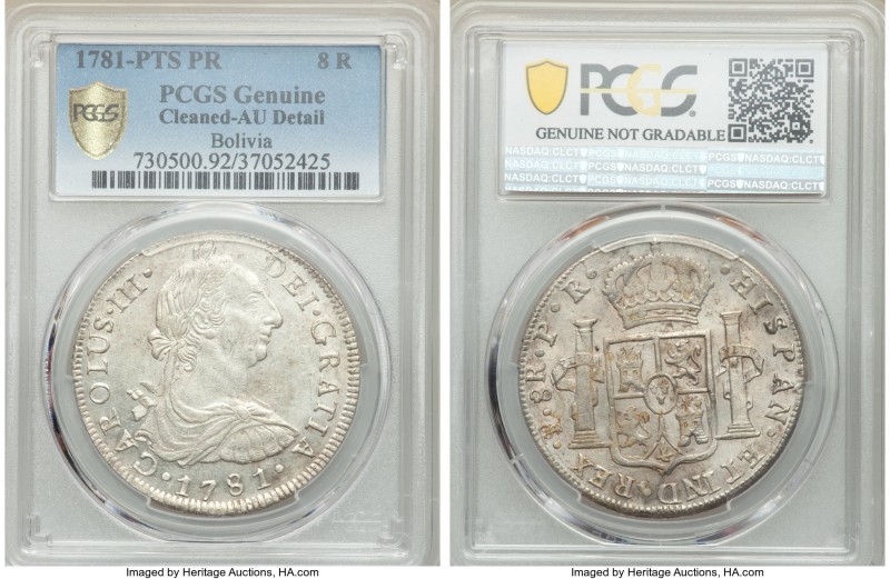 Charles III 8 Reales 1781 PTS-PR AU Details (Cleaned) PCGS, Potosi mint, KM55.

...